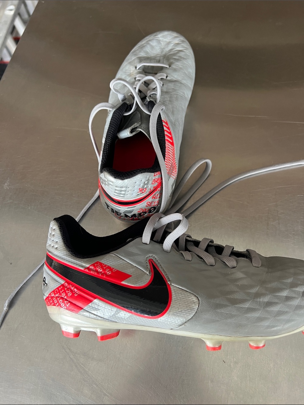 Nike Youth Gray Soccer Cleats with Black Swoosh and Pink-Red Accents - Picture 3 of 7